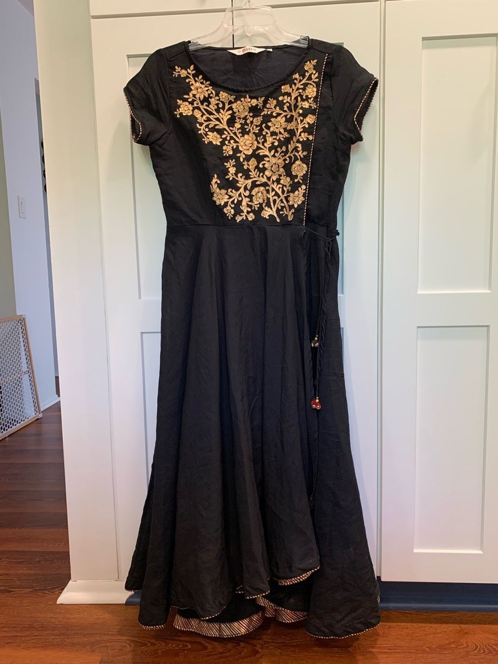 BIBA INDIA Wrap Midi Dress Size 34 Black Gold Embroidered Short Sleeve High-Low